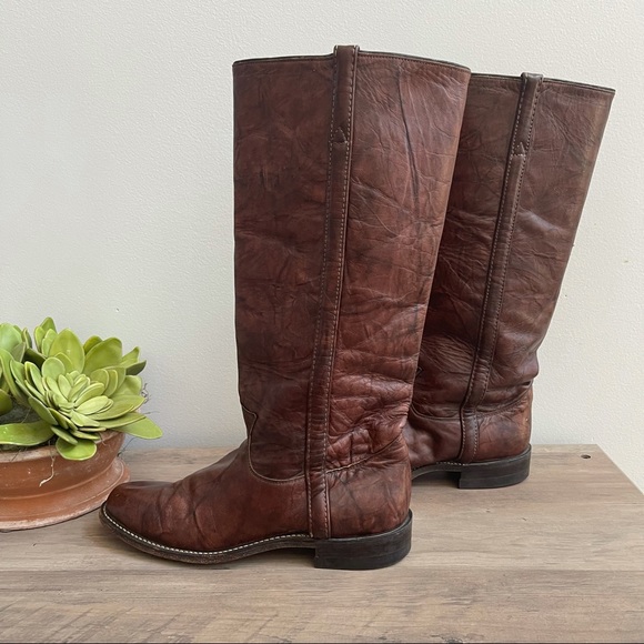 Justin Brown Leather Vintage Western Riding Boots - Picture 6 of 12